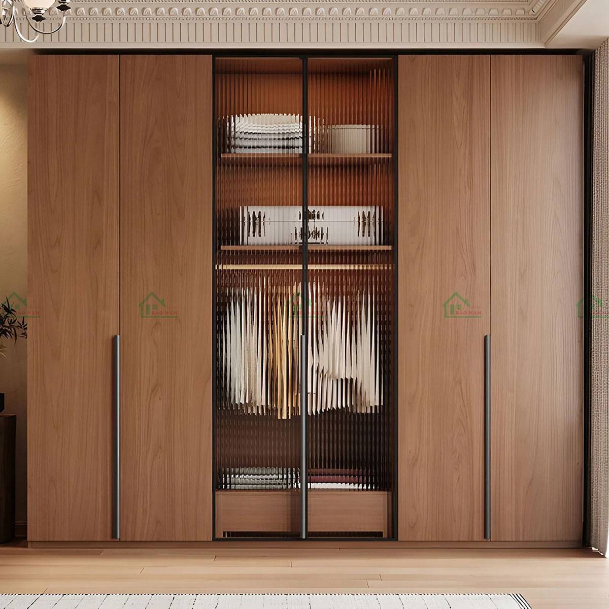 Tủ quần áo gỗ căm xe cửa kính cường lực sọc hiện đại cao cấp TATN41