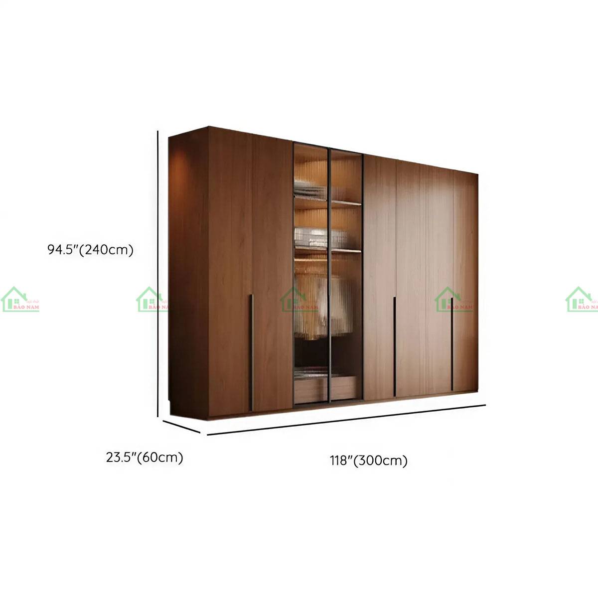 Tủ quần áo gỗ cửa kính TATN41 - Kích thước 300cm x 60cm x 240cm