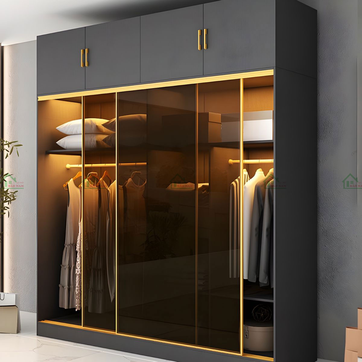 Thùng tủ được làm bằng gỗ công nghiệp màu xám, mang đến vẻ đẹp tối giản và tinh tế.