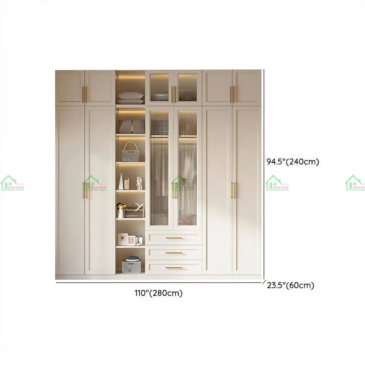 Tủ quần áo gỗ tự nhiên tân cổ điển hiện đại TATN45 - Kích thước 280cm x 60cm x 240cm