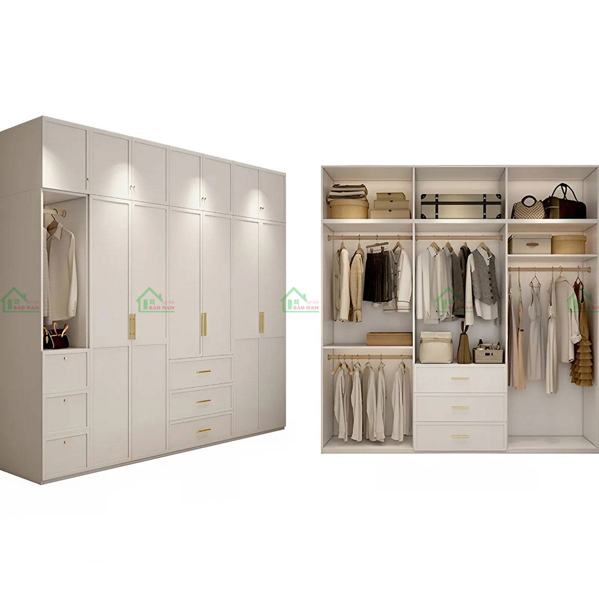 Tủ áo trắng kem tân cổ điển cánh pano có đèn LED phù hợp mọi không gian