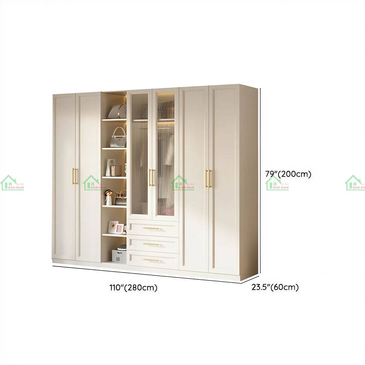 Tủ quần áo gỗ tự nhiên tân cổ điển hiện đại TATN45 - Kích thước 280cm x 60cm x 200cm