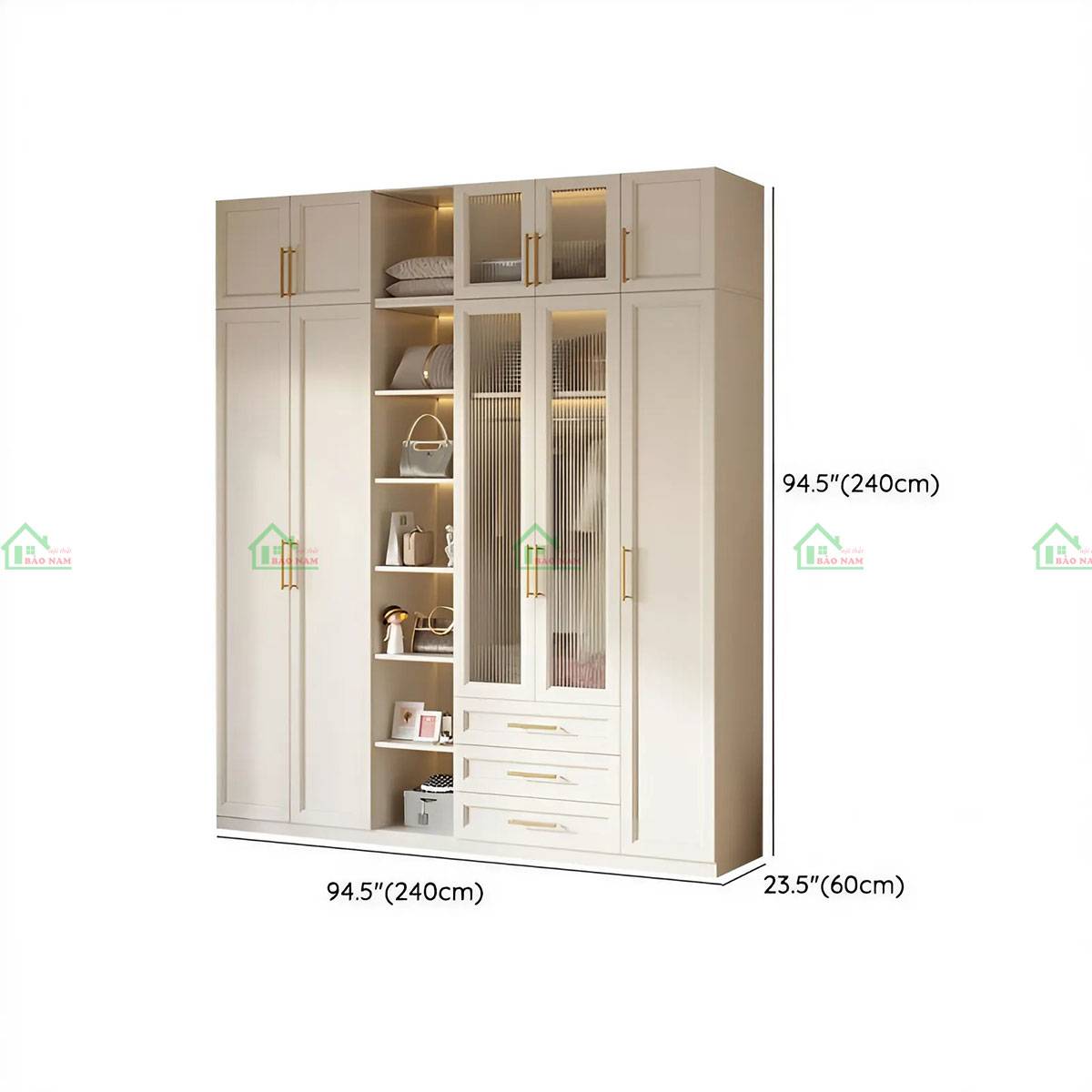 Tủ quần áo gỗ tự nhiên tân cổ điển hiện đại TATN45 - Kích thước 240cm x 60cm x 240cm