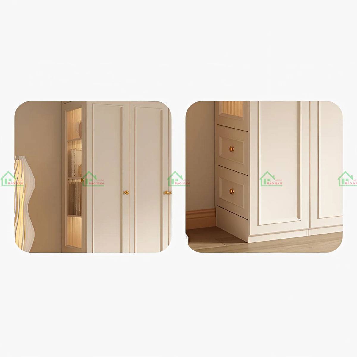 Cận cảnh cánh kính sọc mờ và đèn LED hiện đại trên tủ quần áo TATN46.