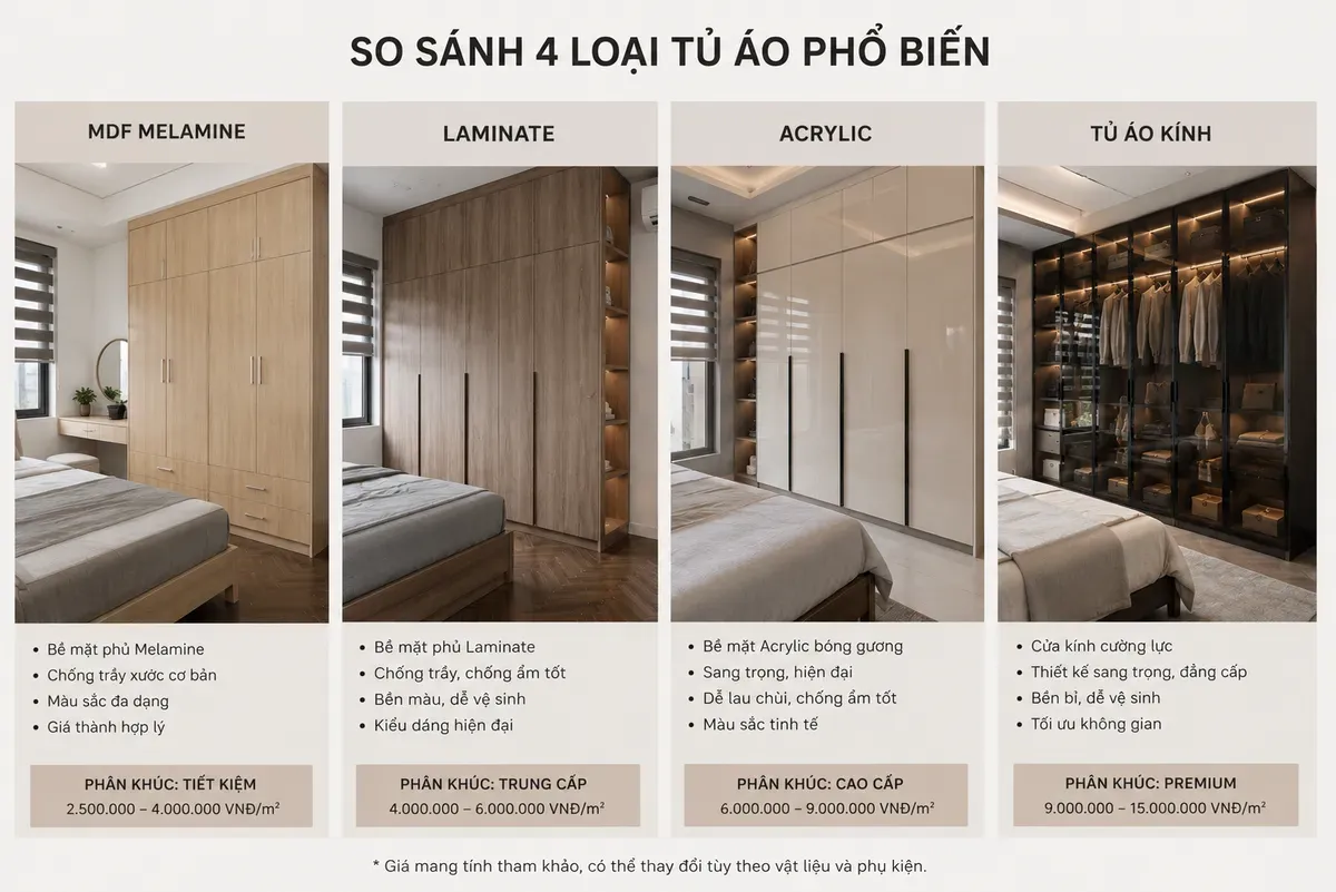 Các mẫu tủ quần áo từ phân khúc phổ thông đến cao cấp giúp dễ lựa chọn theo ngân sách.
