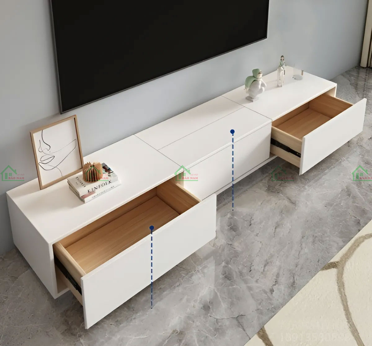 Thiết kế tối giản, hiện đại với tông màu trắng và gỗ ấm. Tạo không gian sạch sẽ và tinh tế.