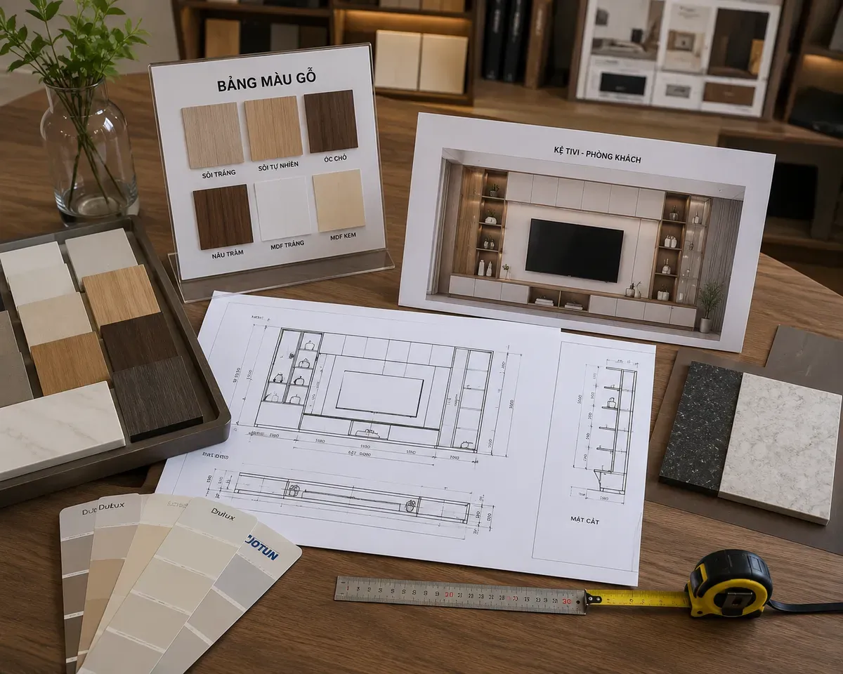 Báo giá thi công kệ tivi được xây dựng dựa trên kích thước, vật liệu và thiết kế thực tế.
