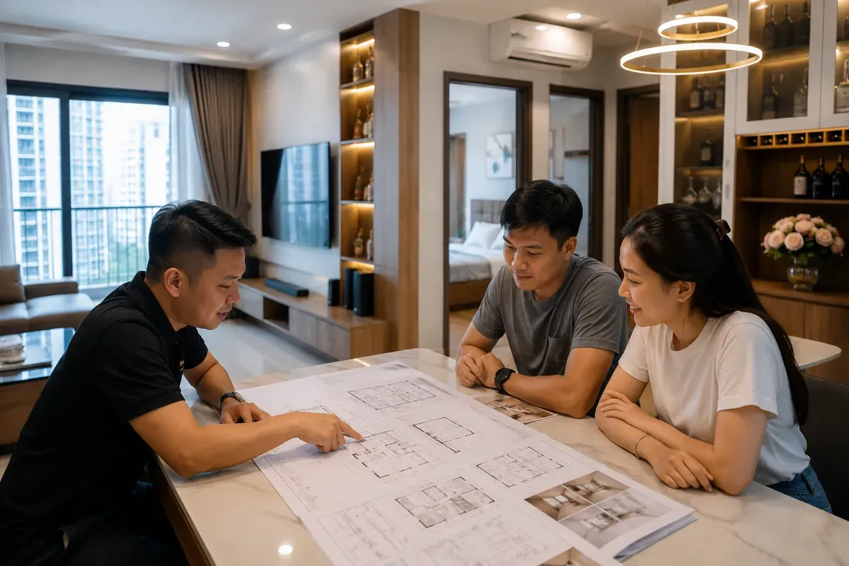 Tư vấn giải pháp thi công nội thất căn hộ 3PN phù hợp với nhu cầu sử dụng.