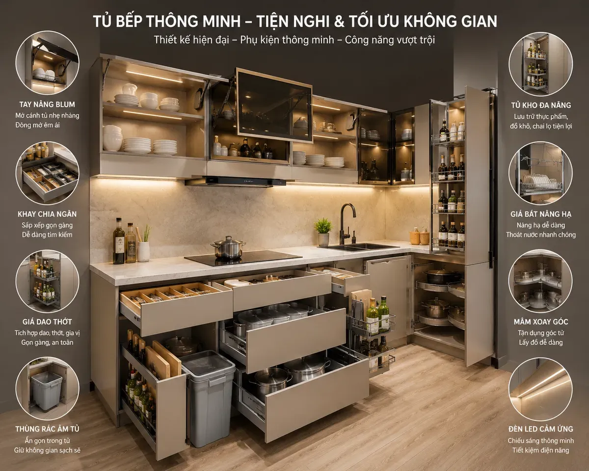 Tủ bếp thông minh giúp tận dụng tối đa không gian và nâng cao trải nghiệm sử dụng.