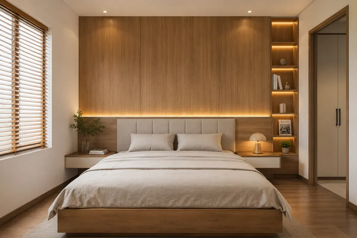 Vách đầu giường tạo điểm nhấn cho phòng ngủ