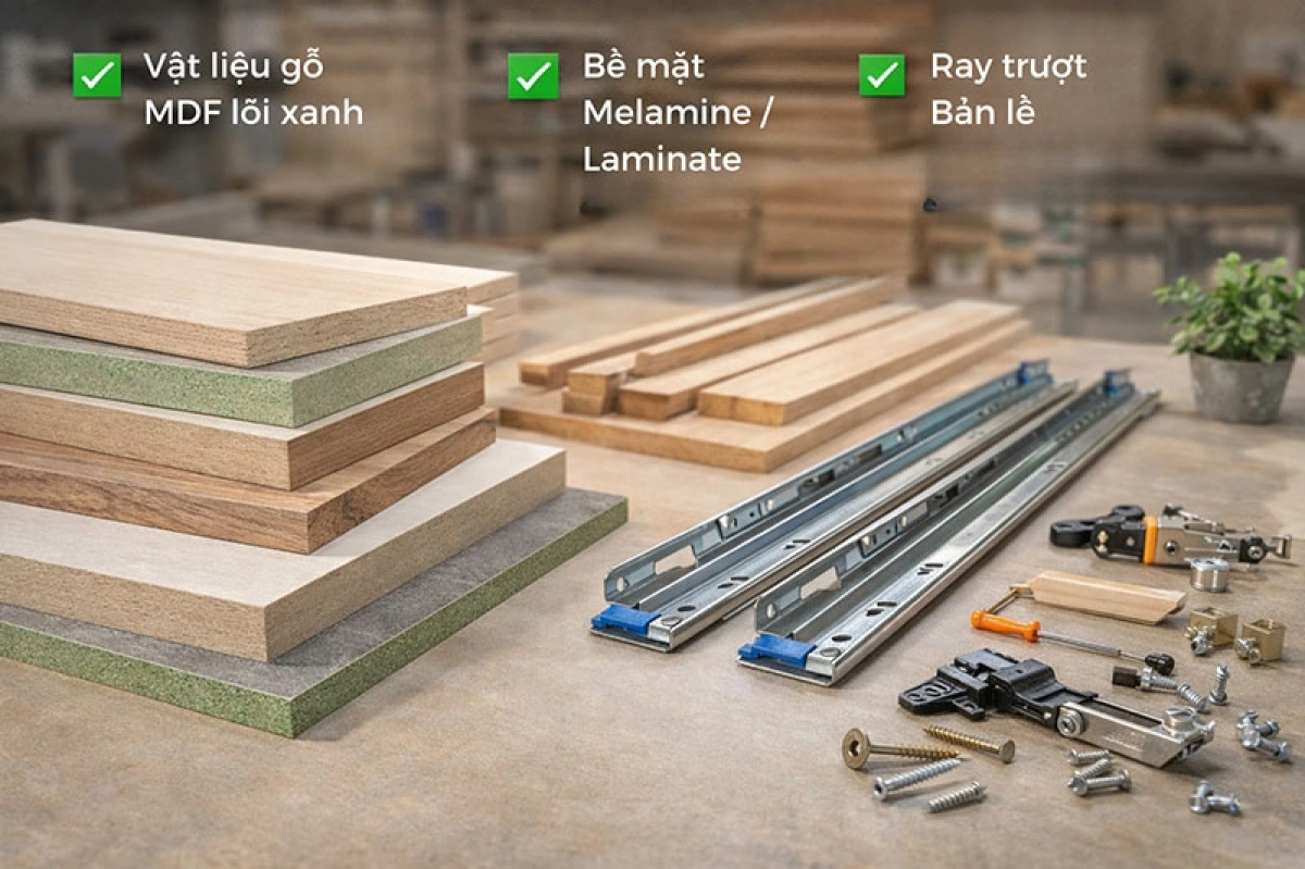 Kiểm tra vật liệu gỗ và phụ kiện khi làm nội thất trực tiếp tại xưởng