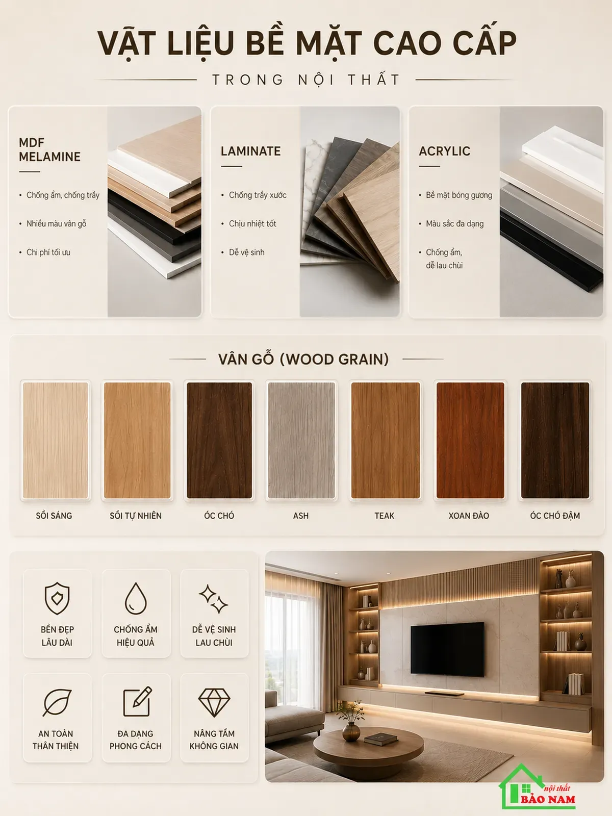 MDF Melamine, Laminate và Acrylic là những vật liệu được sử dụng phổ biến trong nội thất phòng khách hiện đại nhờ độ bền và tính thẩm mỹ cao.