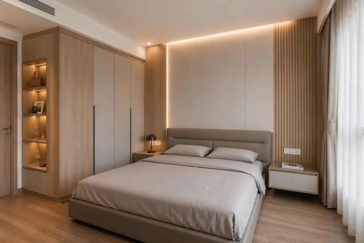 Gỗ công nghiệp hiện đại mang đến vẻ đẹp đồng bộ và độ bền cao cho phòng ngủ.