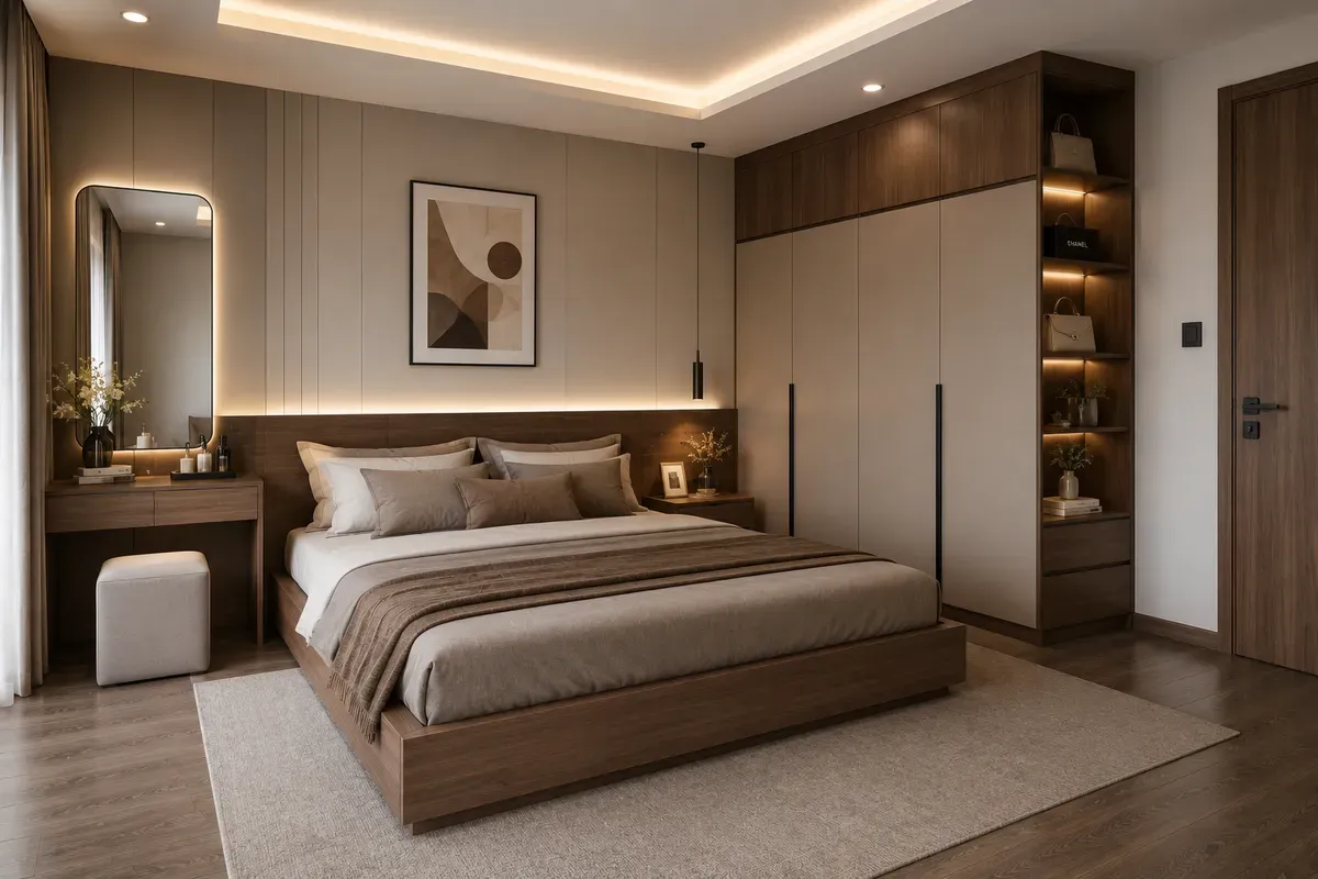 Các vật liệu như MDF chống ẩm, Laminate, Acrylic và gỗ tự nhiên được sử dụng phổ biến trong thiết kế nội thất phòng ngủ hiện đại.