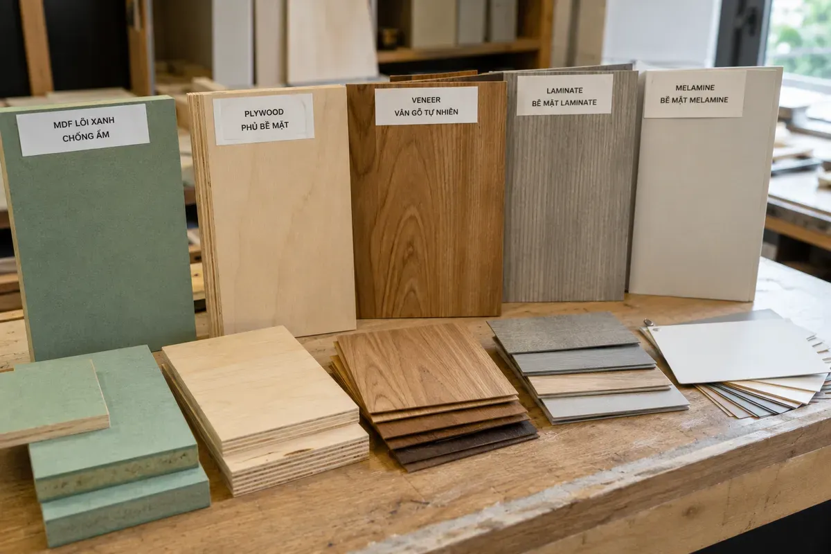 MDF chống ẩm, plywood và gỗ tự nhiên là những vật liệu phổ biến trong thi công phòng thờ.
