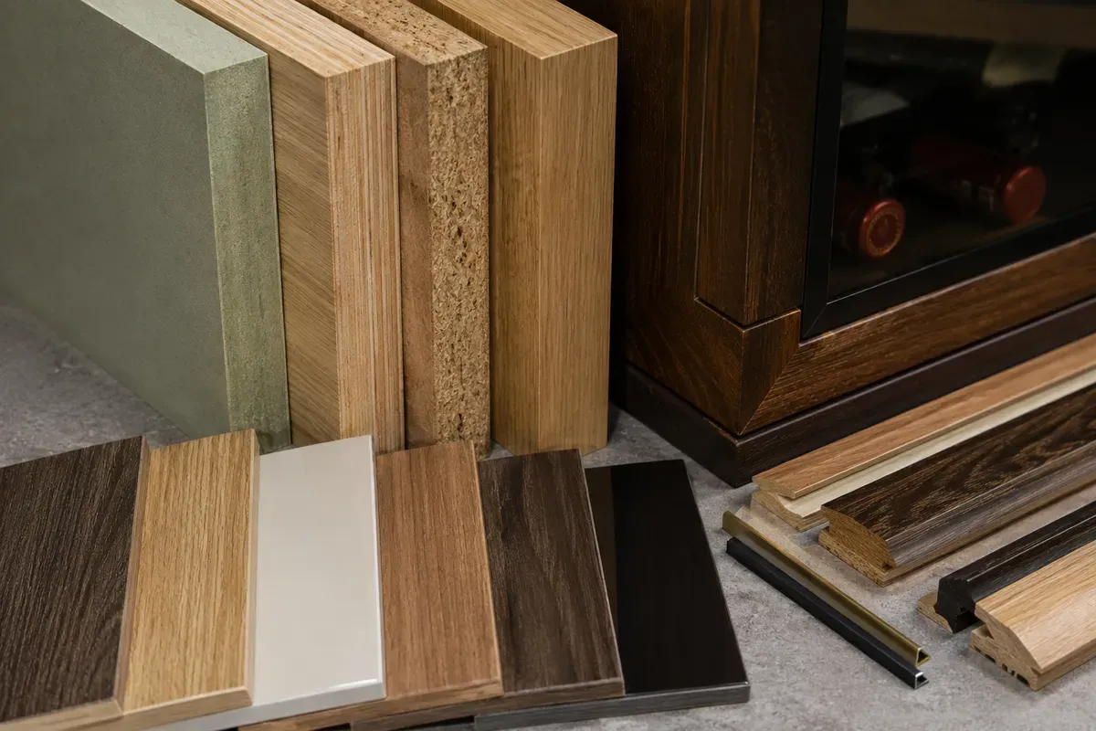 Vật liệu thi công tủ rượu gồm MDF chống ẩm, plywood và các bề mặt hoàn thiện cao cấp.