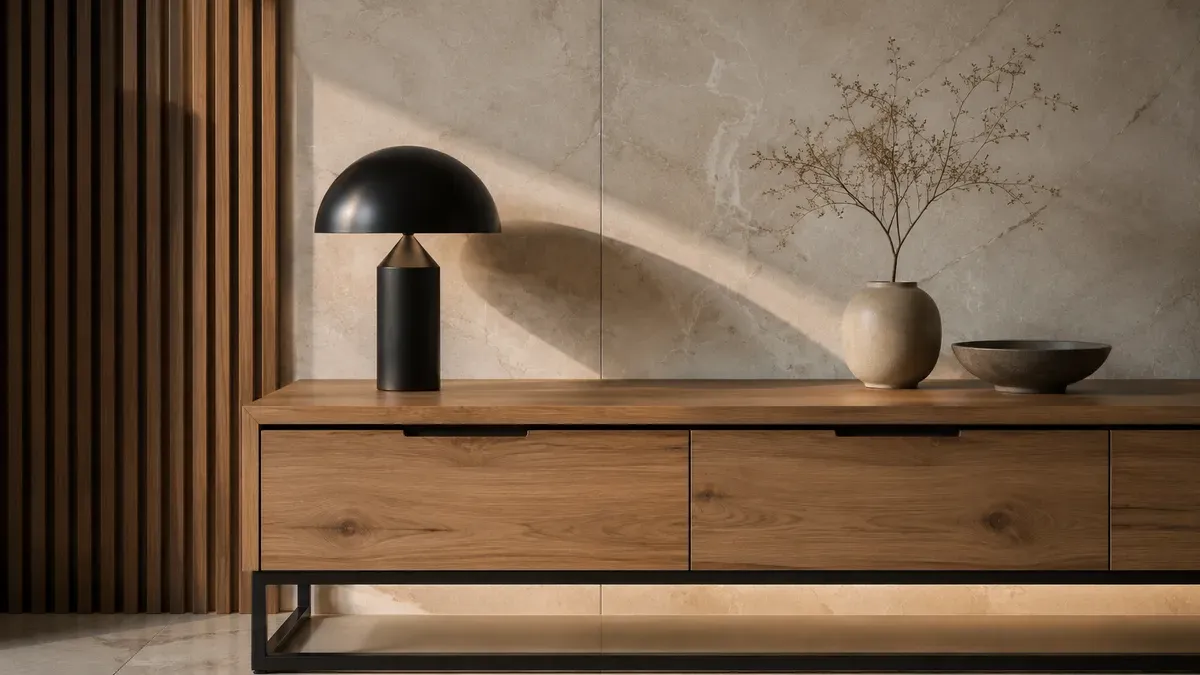 Gỗ, đá và kim loại giúp không gian Minimalism có chiều sâu mà vẫn giữ được sự tinh gọn.
