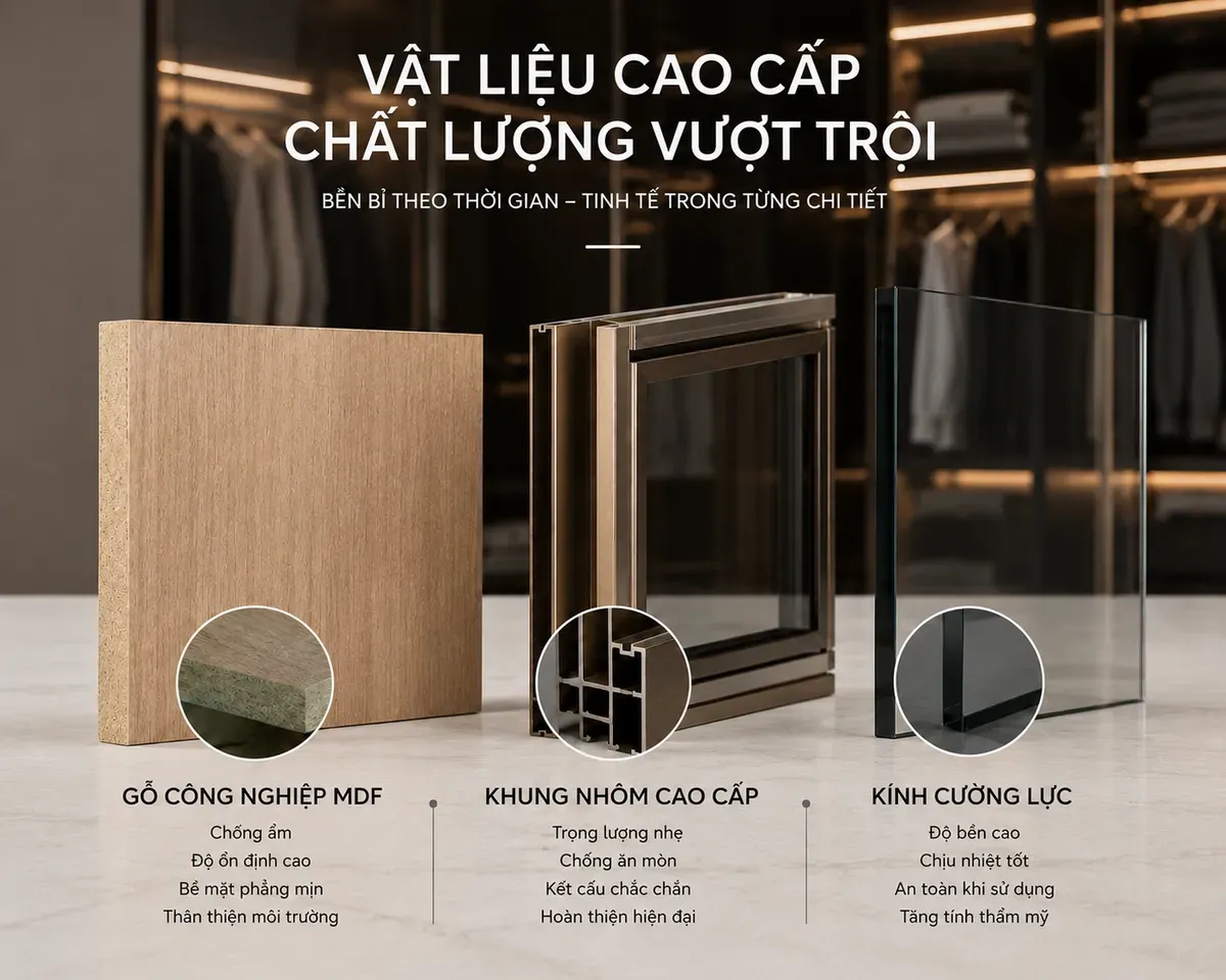 Các vật liệu phổ biến được sử dụng trong thiết kế tủ áo cánh kính hiện đại