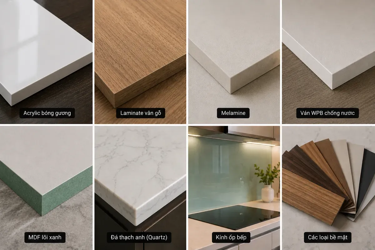 Các vật liệu hoàn thiện được sử dụng phổ biến trong thiết kế tủ bếp.