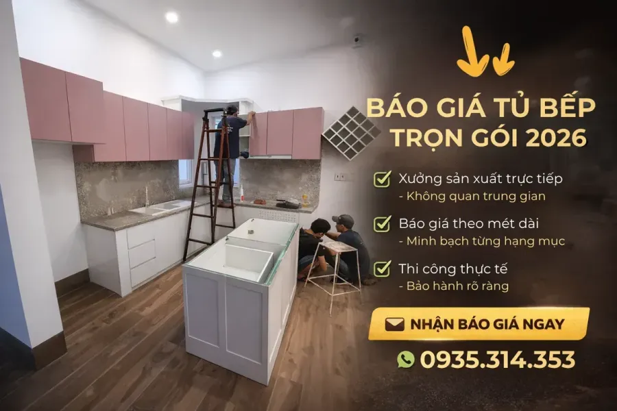 Thi công tủ bếp trực tiếp tại xưởng giúp tối ưu chi phí và kiểm soát chất lượng tốt hơn.