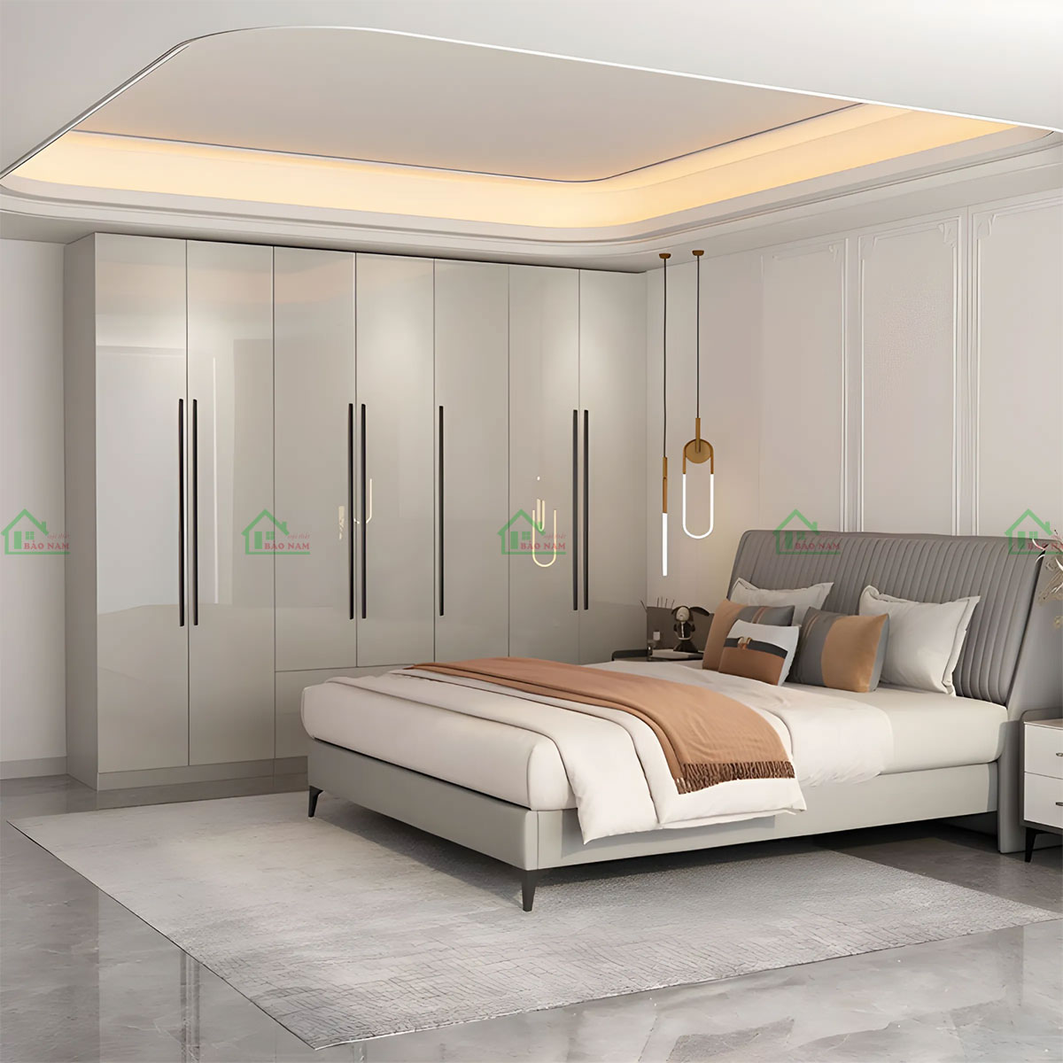 Tủ có thiết kế hiện đại, tinh tế với bề mặt acrylic màu xám sang trọng, phù hợp với nhiều phong cách nội thất.