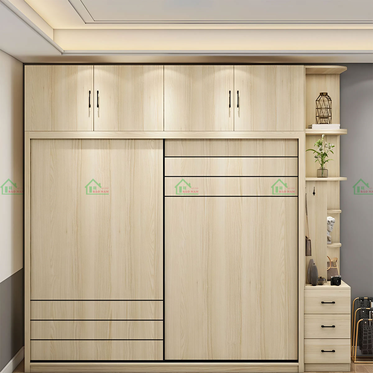 Tủ quần áo có cửa lùa âm liền mạch, tạo nên vẻ đẹp tinh tế và hiện đại cho không gian.