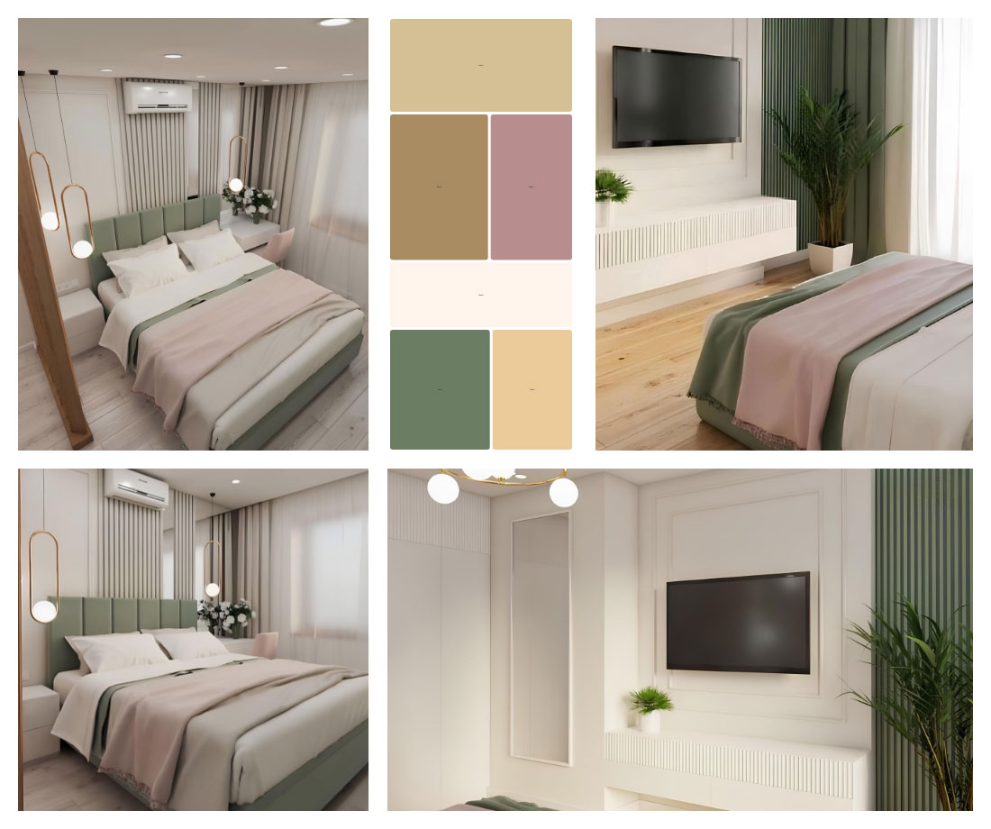 Mẫu phòng ngủ dịu mát với tông màu xanh mint và hồng pastel