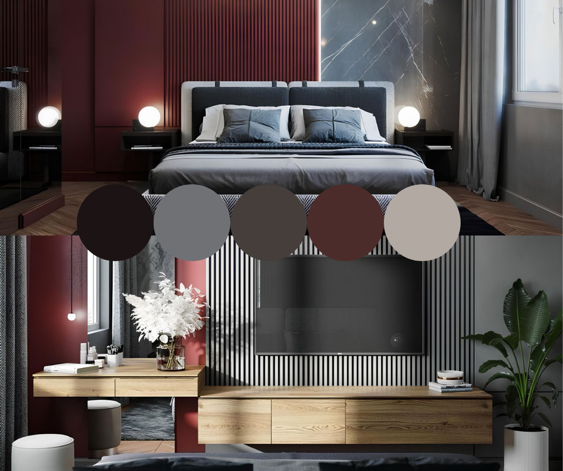 Phòng ngủ sang trọng với tông màu tím đậm và xám xanh