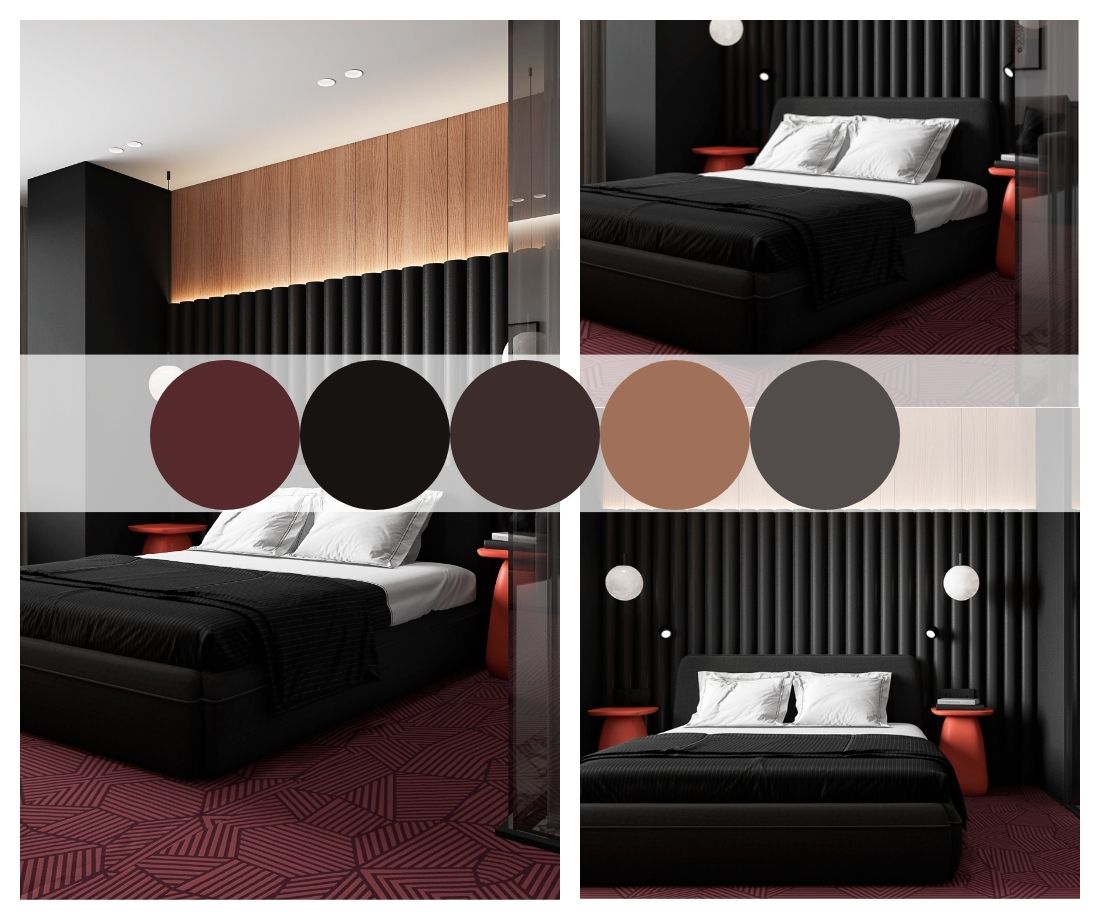 Phòng ngủ nổi bật với tông màu đỏ đậm và đen