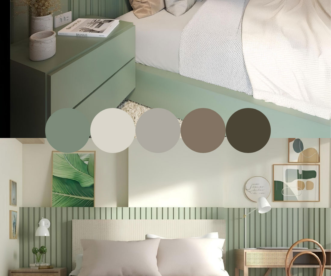 Phòng ngủ dịu nhẹ với tông màu trắng và xanh pastel
