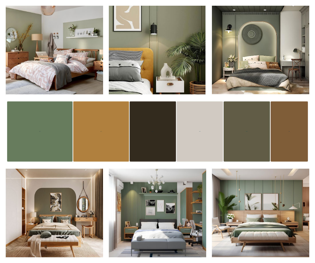 Phòng ngủ tự nhiên với tông màu nâu và xanh lá cây