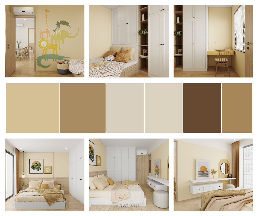 Phòng ngủ tinh tế với tông màu trắng và vàng pastel