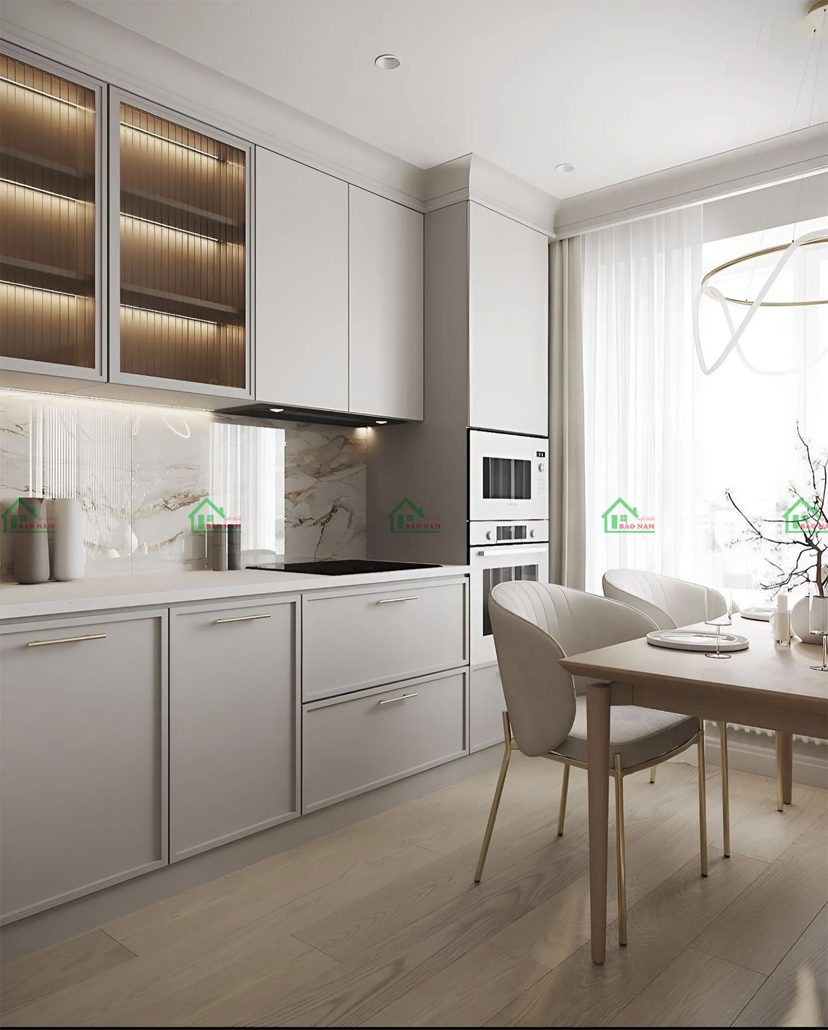 Mẫu tủ bếp nhựa picomat cánh Shaker tông màu ghi sáng