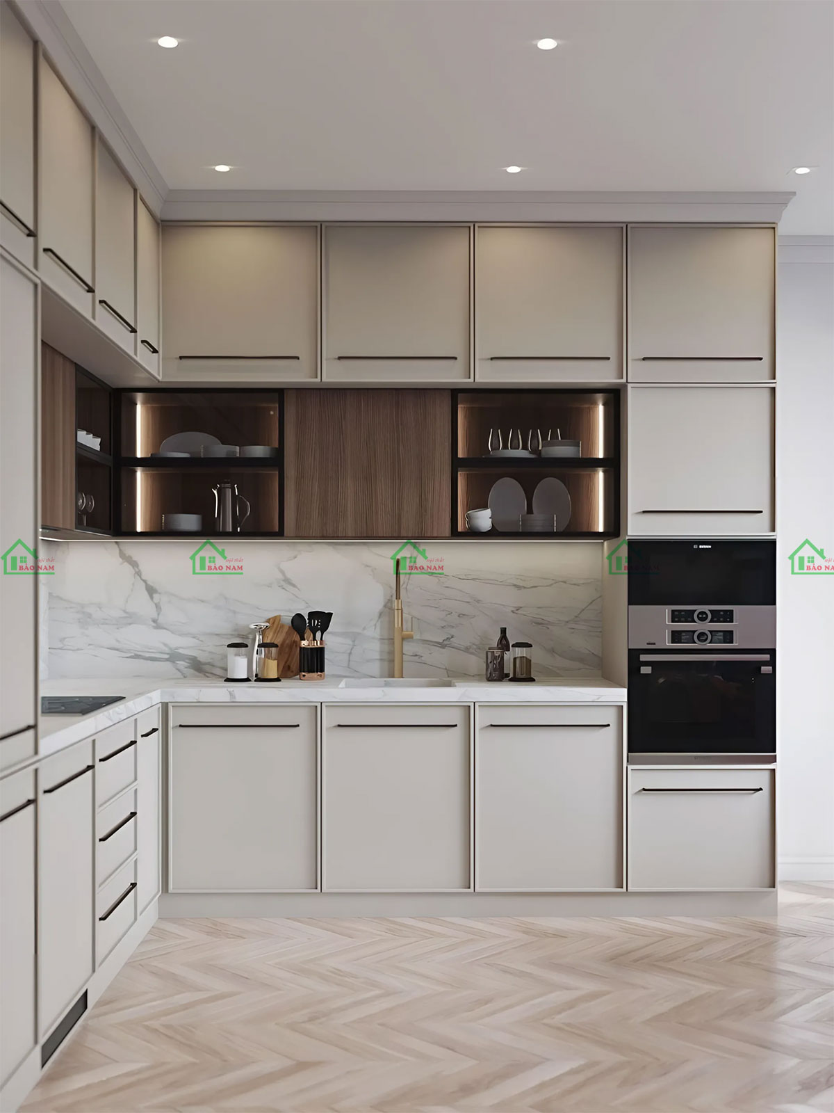 Tủ bếp chữ L nhựa picomat cánh Micro Shaker sang trọng