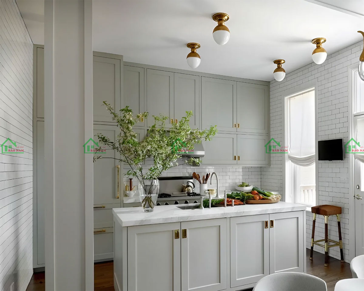Mẫu tủ bếp gỗ tự nhiên phong cách Shaker