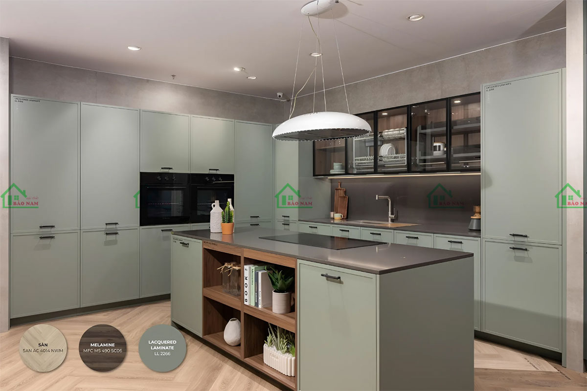 Mẫu tủ bếp Lacquered Laminate màu xanh LL2266