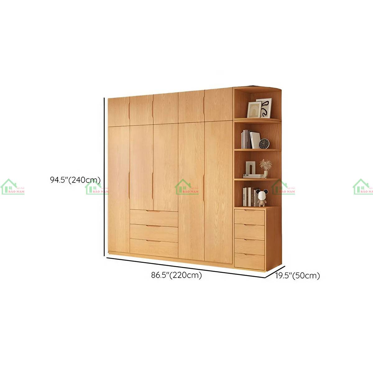 Tủ quần áo gỗ sồi TATN31 có kệ mở - Kích thước 220cm x 50cm x 240cm